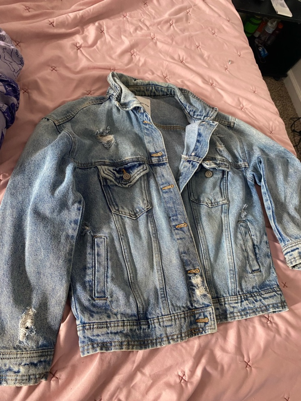 Celebrity Pink Light Blue Distressed Jean Jacket